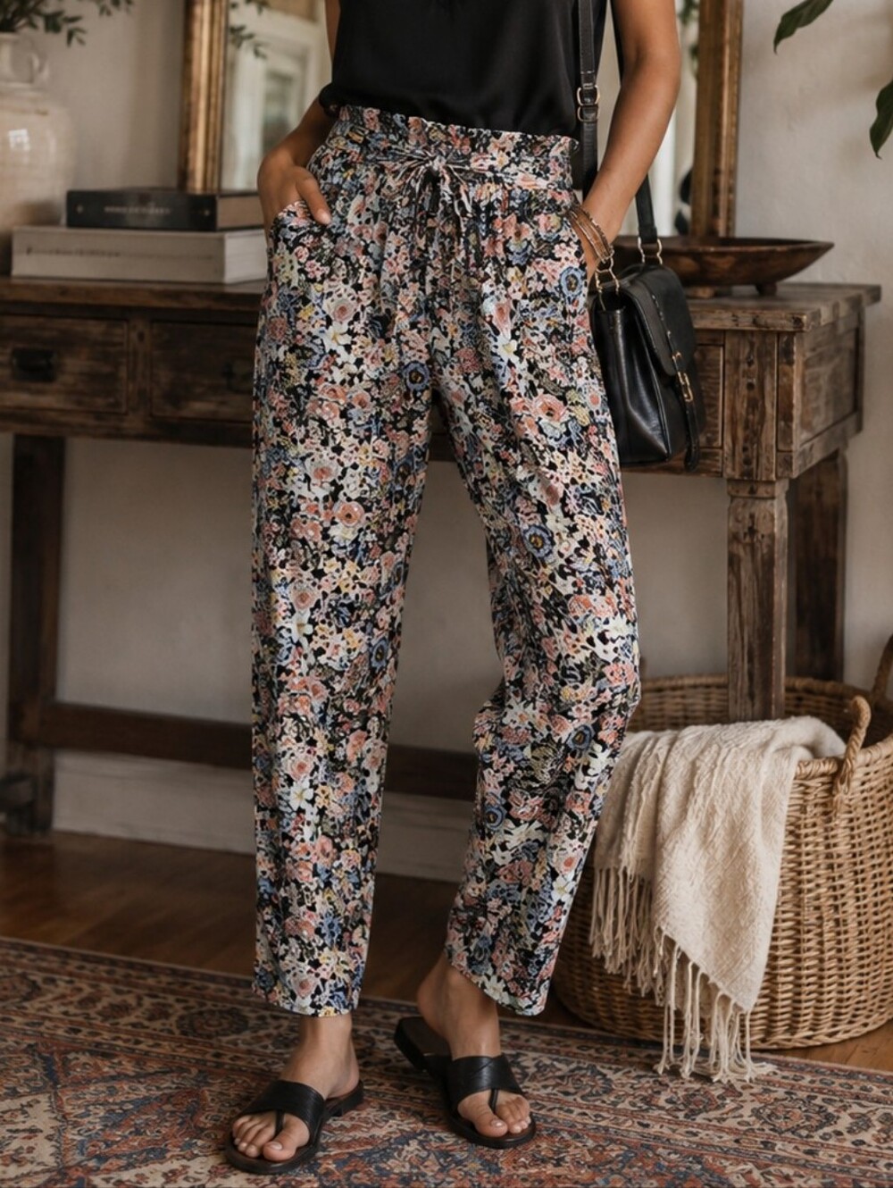 LOFT Floral Tie Waist Paper Bag Pants Black Multi Size Small